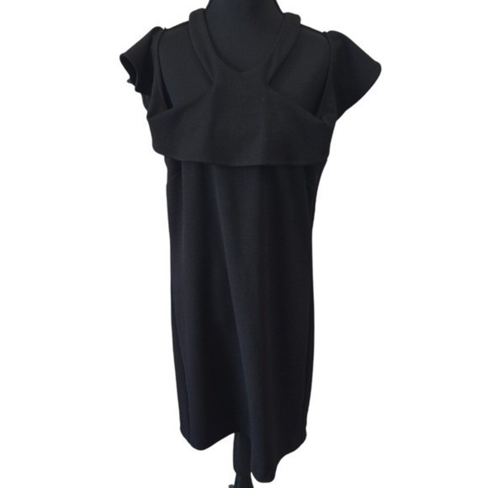 Trina Turk Black Crepe Cold Shoulder Draped Overlay Sheath Dress Size 10